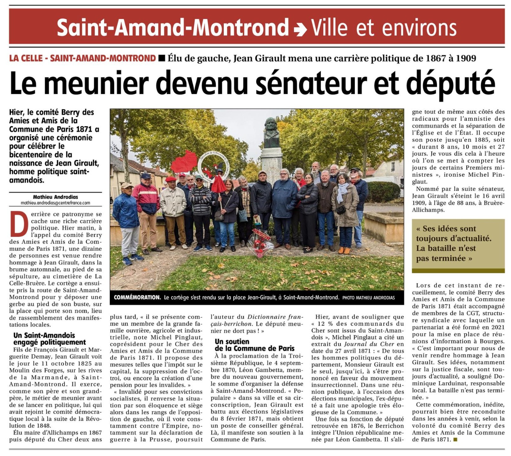 Le Berry Républicain du 12 octobre 2025, article de Jean Girault